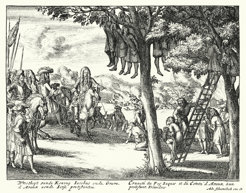 Atrocidades cometidas contra os protestantes irlandeses por James II e pelo conde d "Avaux, 1689 de German School