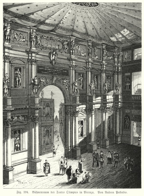 Auditório e palco do Teatro Olimpico, Piacenza, Itália, projetado por Andrea Palladio (gravura) de German School