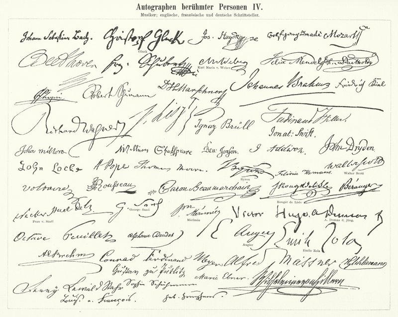 Autógrafos de pessoas famosas: compositores, músicos e escritores ingleses, franceses e alemães (gravura) de German School