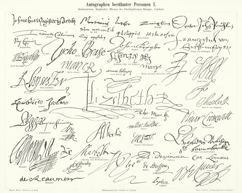 Autógrafos de pessoas famosas: figuras proeminentes da Reforma Protestante, Grã-Bretanha, Guerra dos Trinta Anos e cientistas (gravura) de German School