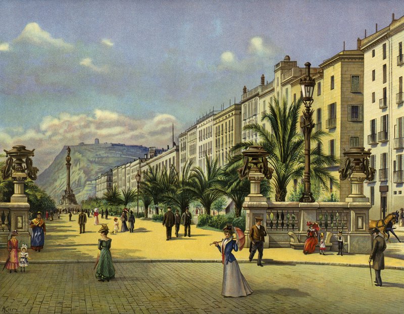 Barcelona, Paseo de Colon (cromolitho) de German School
