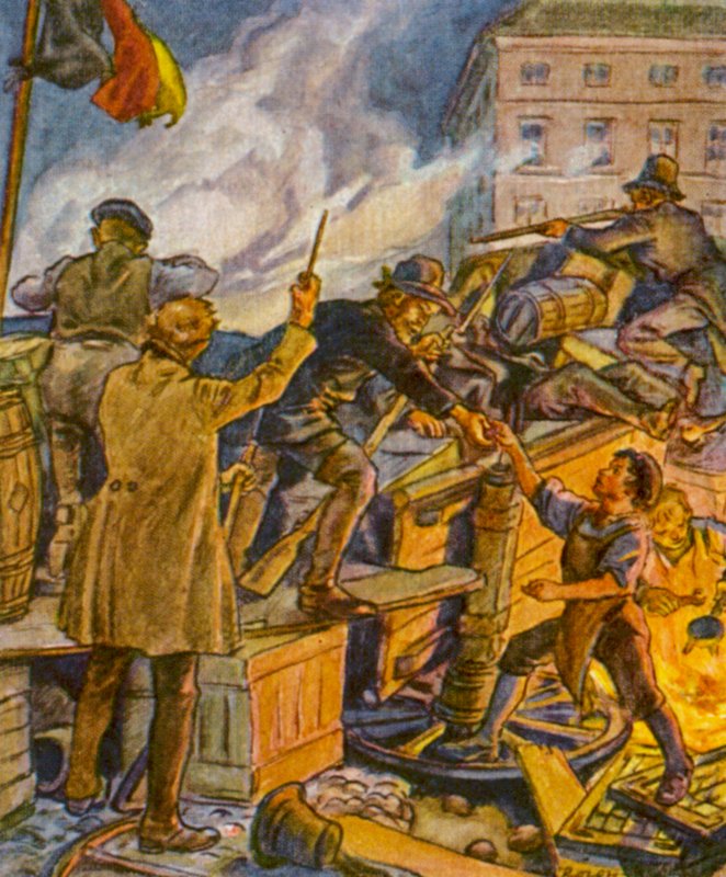 Barrikadenkampf / Luta de barricadas (litografia a cores) de German School
