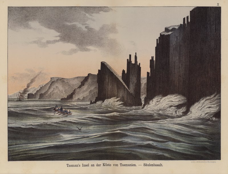 Colunas de basalto na Ilha da Tasmânia, Tasmânia, Austrália (cor litho) de German School