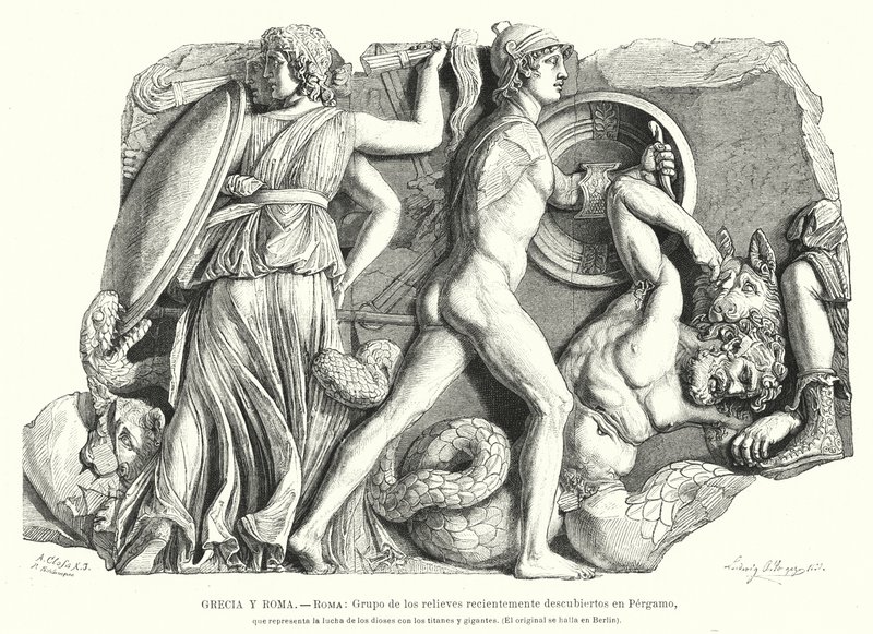 Batalha entre os Deuses e Titãs e gigantes, Antigo alívio grego de Pergamon (litho) de German School