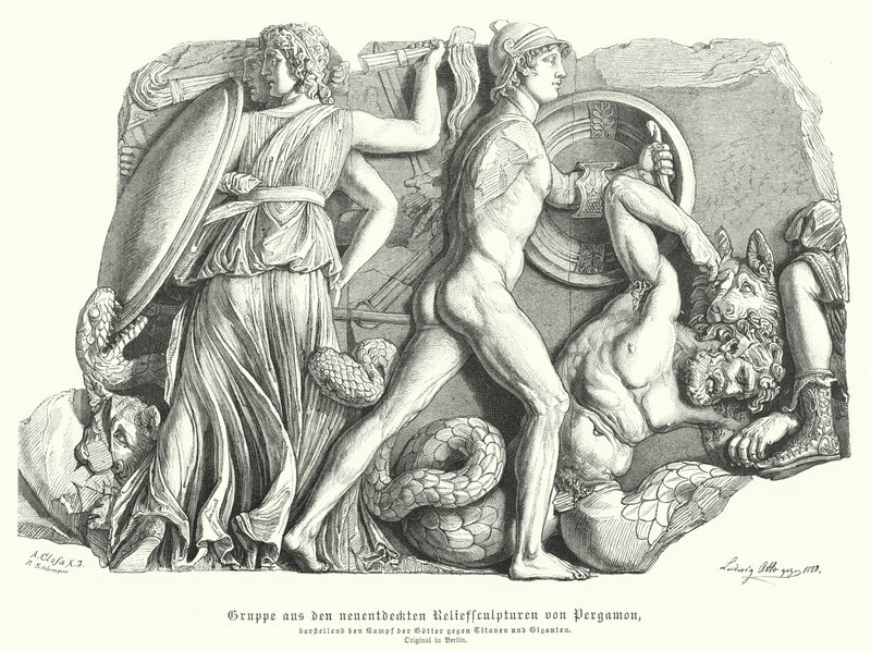 Batalha entre os Deuses e Titãs e gigantes, Antigo relevo grego de Pergamon (gravura) de German School