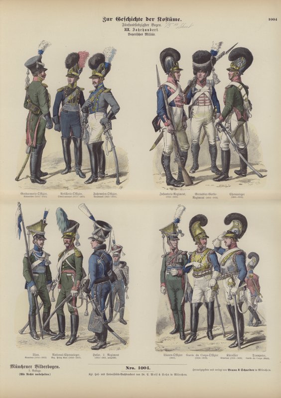 Fardas militares bávaras, início do século XIX (gravura a cores) de German School