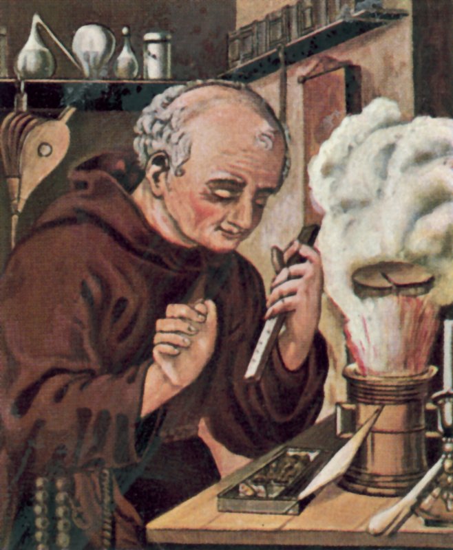 Berthold Schwarz, alquimista alemão (litografia a cores) de German School