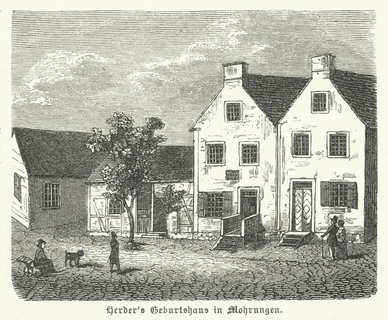 Berço do autor, filósofo e teólogo luterano alemão Johann Gottfried von Herder, Mohrungen (gravura) de German School