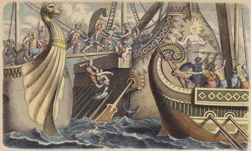Embarcar numa galé durante uma batalha marítima no tempo dos romanos (gravura colorida) de German School