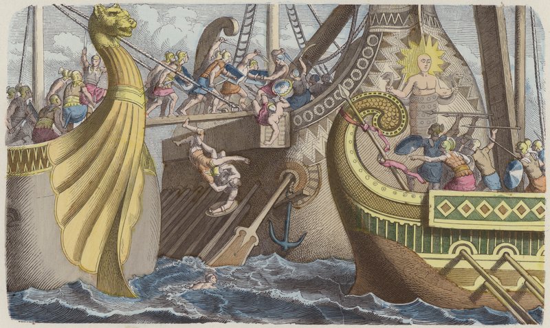 Embarcar numa galé durante uma batalha marítima no tempo dos romanos (gravura colorida) de German School