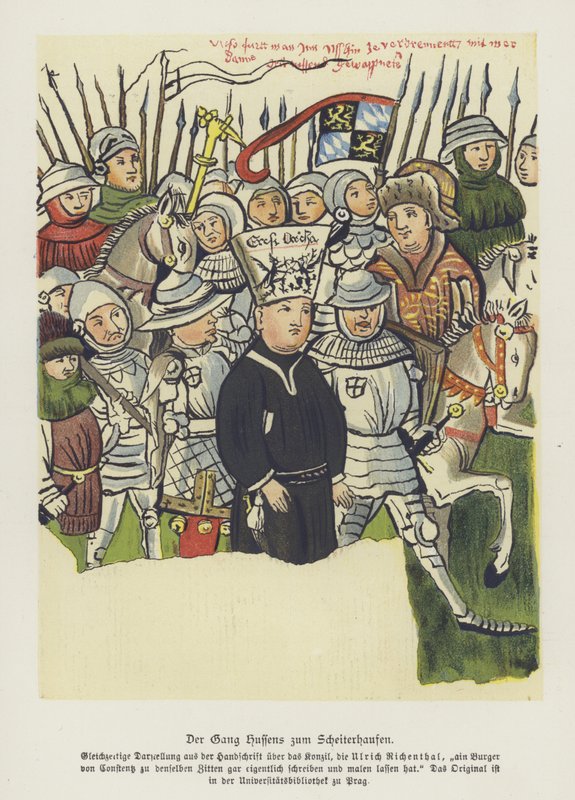 O reformador cristão boêmio Jan Hus sendo levado à sua execução, Constance, 6 de julho de 1415 (cor litho) de German School