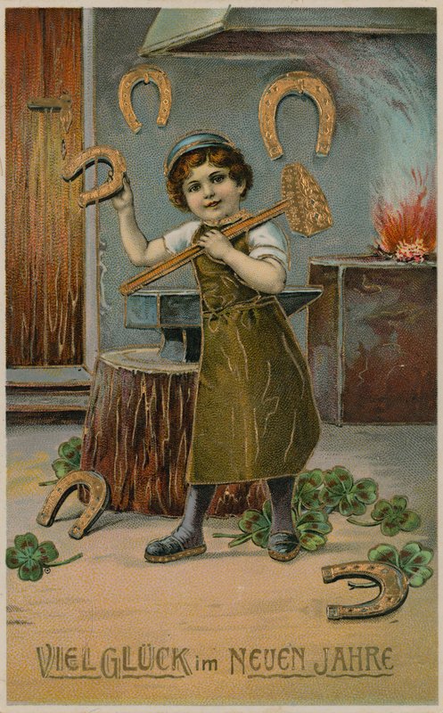 Ferreiro do menino que faz ferraduras douradas para a sorte do ano novo. Postal enviado em 31 de dezembro de 1913. de German School