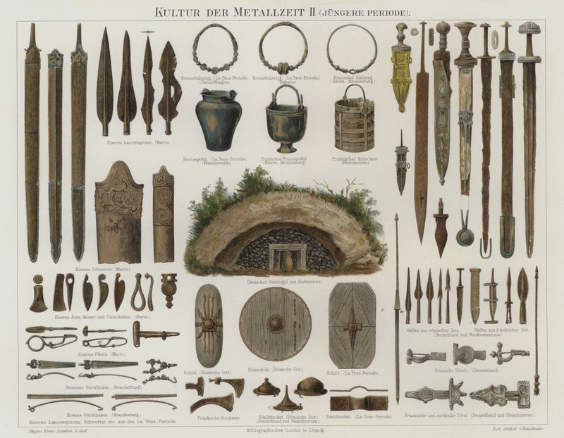 Artefactos da Idade do Ferro e do Bronze (cor litho) de German School