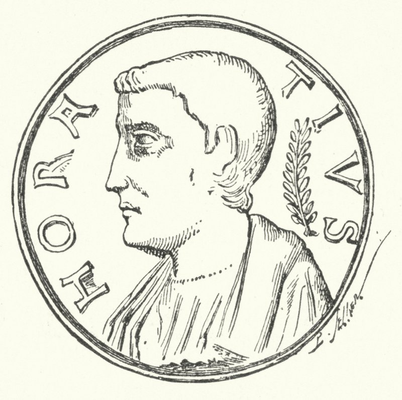 Moeda de bronze mostrando a cabeça do herói romano Horatius (gravura) de German School