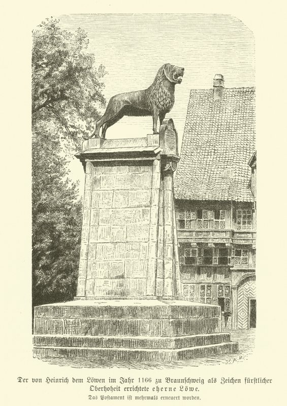 Leão de bronze erguido por Henrique o Leão em Brunswick em 1166 (gravura) de German School