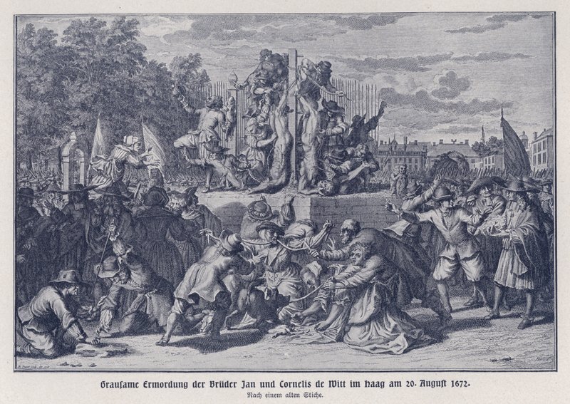 Assassinato brutal dos irmãos Jan e Cornelis de Witt por uma multidão orangista, Haia, Países Baixos, 20 de agosto de 1672 (litografia) de German School