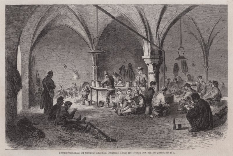 Capturaram garibaldianos e franco-brasileiros na prefeitura de Dijon, França, guerra franco-prussiana, em meados de dezembro de 1870 (gravura) de German School