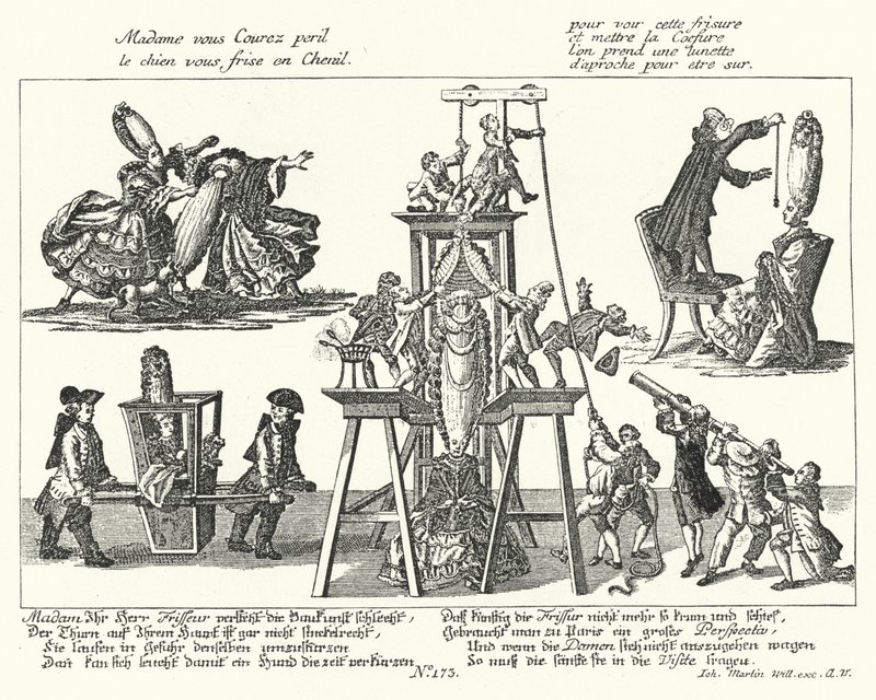 Caricatura nas perucas excessivamente altas usadas pelas mulheres da moda no século XVIII (gravura) de German School