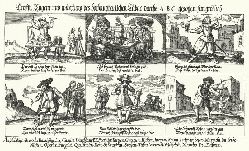 Desenho animado sobre tabaco e cachimbo fumando (gravura) de German School