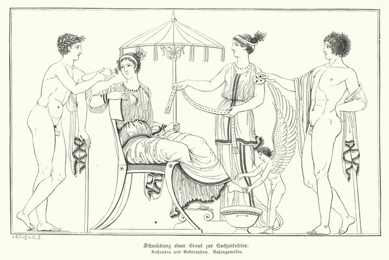 Cassandra sendo preparada para o seu casamento com Bellerophon (gravura) de German School