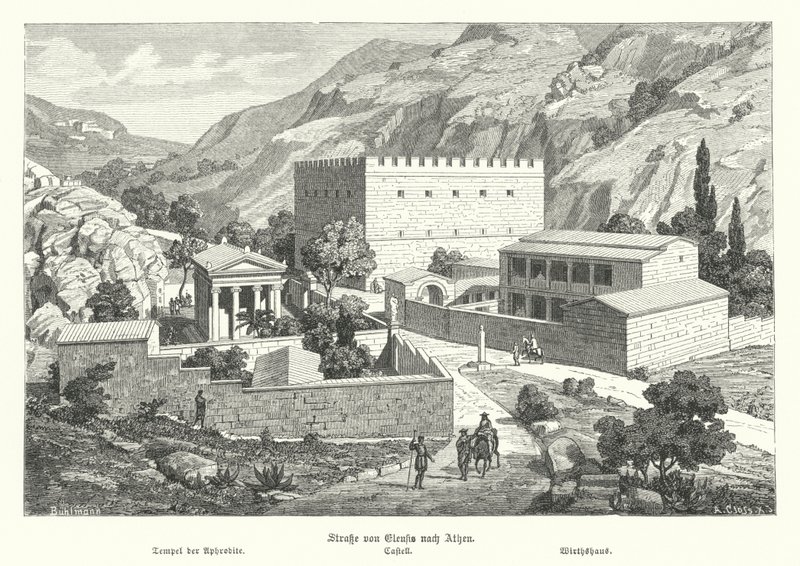 Castelo na estrada de Eleusis para Atenas, Grécia Antiga (gravura) de German School