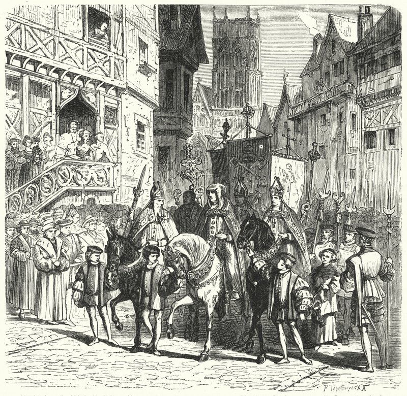 Prelados católicos retornando à Inglaterra sob o reinado de Maria I (gravura) de German School