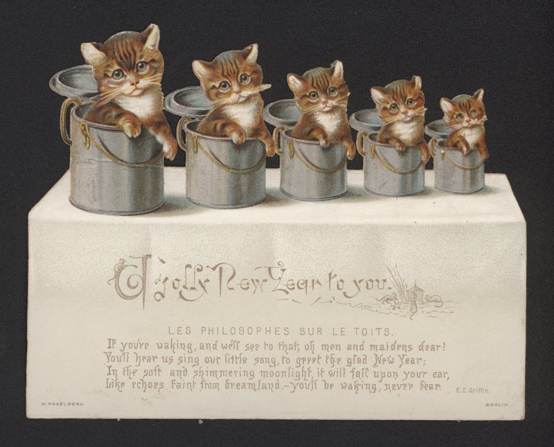 Gatos em baldes, cartão de Ano Novo (chromolitho) de German School