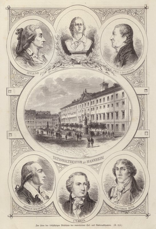 Centenário do Tribunal e Teatros Nacionais, Mannheim, Alemanha (gravura) de German School