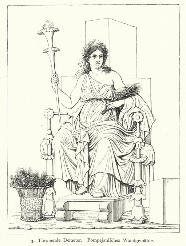 Ceres, deusa romana da colheita, entronizada, pintura mural de Pompéia (gravura) de German School