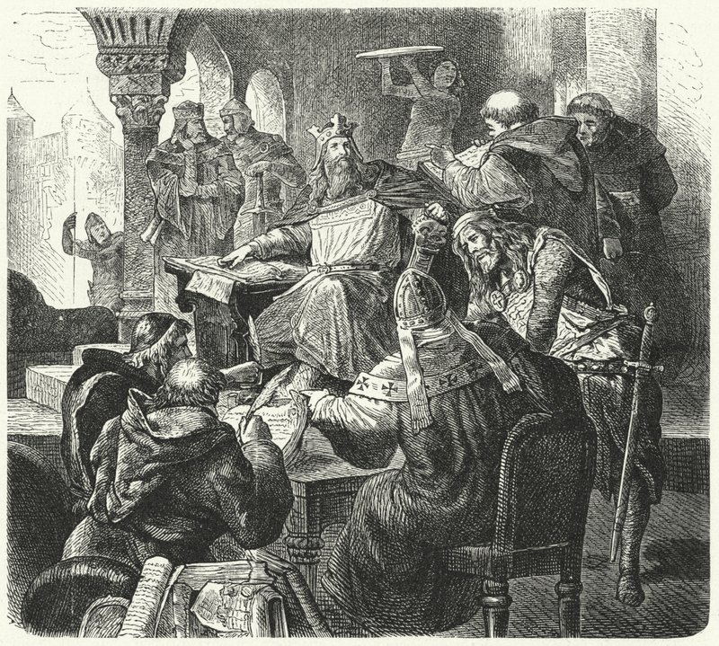 Charlemagne consultando estudiosos e clérigos (gravura) de German School