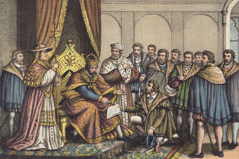 Christian Bayer lendo a Confissão de Augsburg (chromolitho) de German School