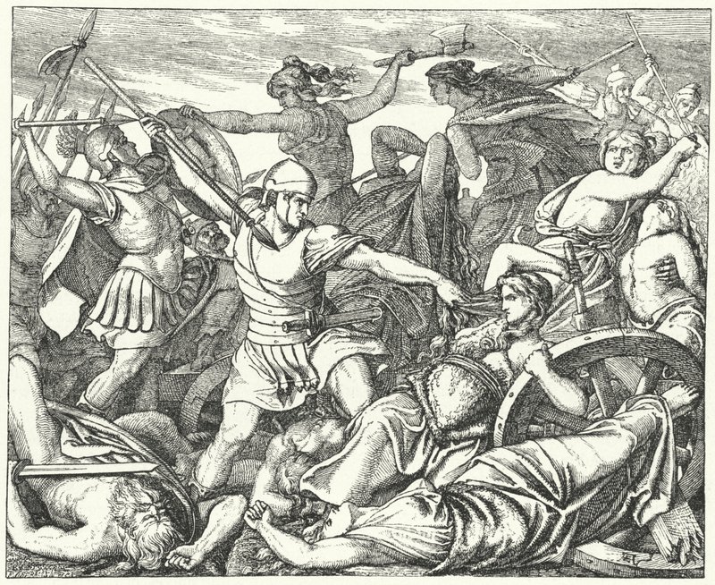 Mulheres cimbrianas defendendo seu trem de bagagem contra o ataque aos soldados romanos, no final do século II d.C. (gravura) de German School