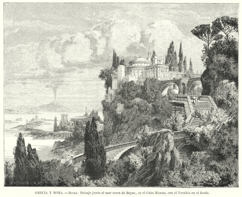 Litoral da Baía de Nápoles da antiga cidade romana de Baiae, Cabo Miseno, com o Vesúvio à distância (litho) de German School