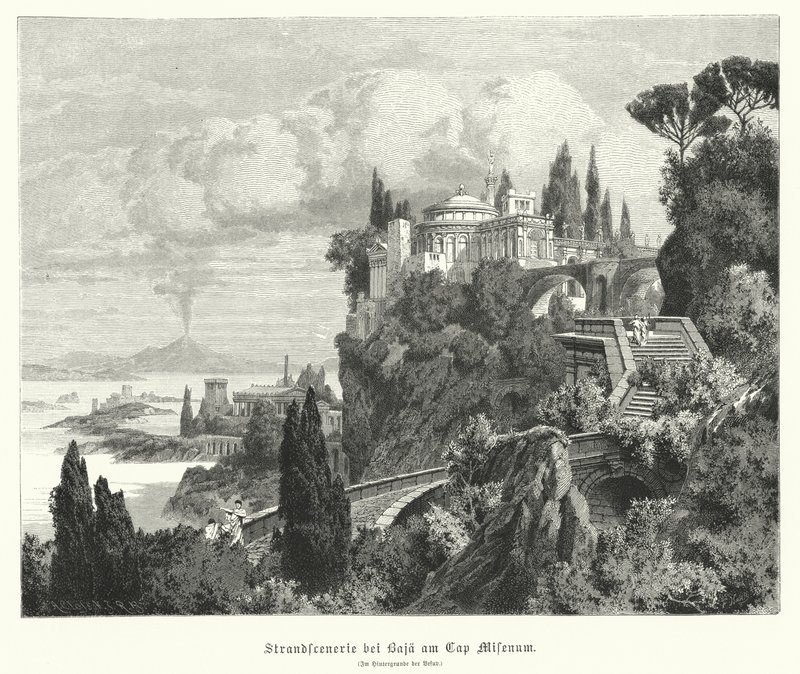 Litoral da Baía de Nápoles da antiga cidade romana de Baiae, Cabo Miseno, com o Vesúvio ao longe (gravura) de German School