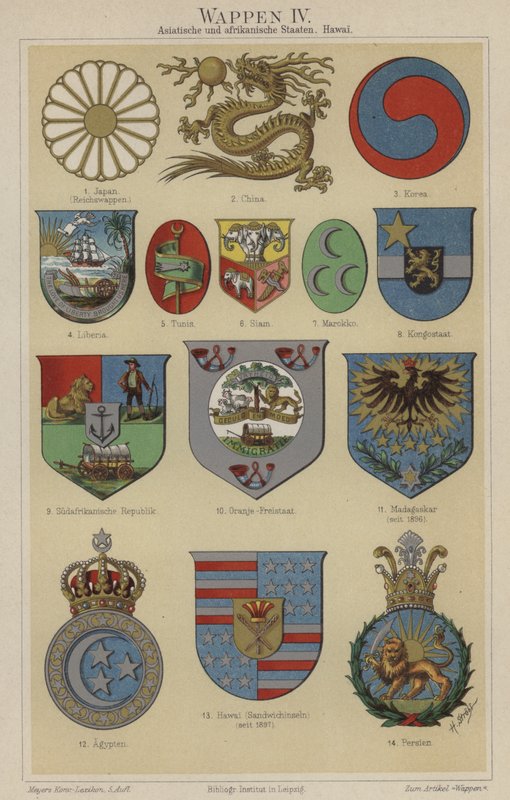 Escudos de armas do Havaí e de países da Ásia e África (cor litho) de German School