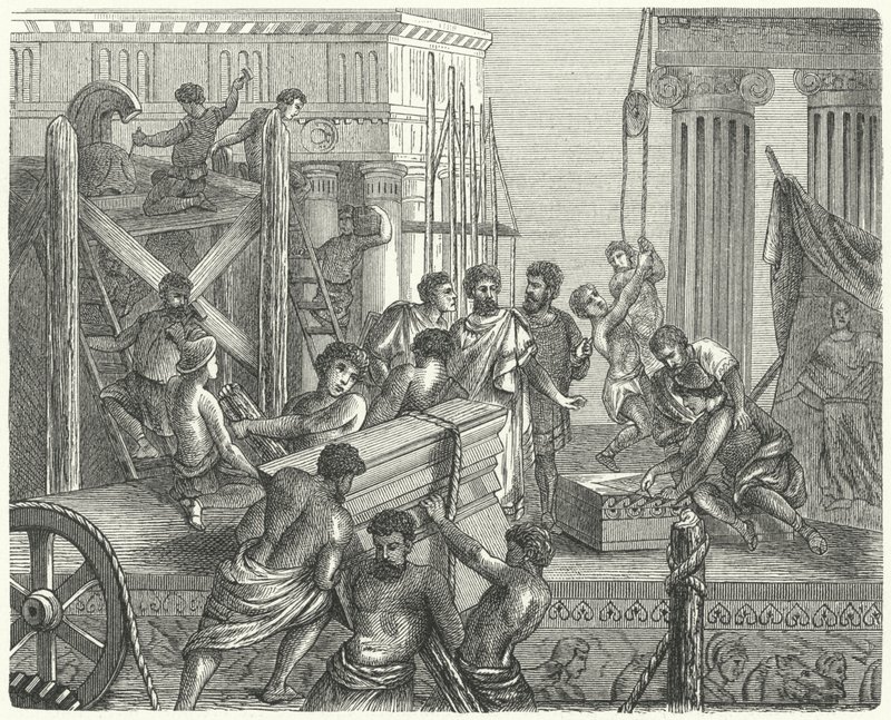 Construção de um templo na Acrópole, Atenas (gravura) de German School
