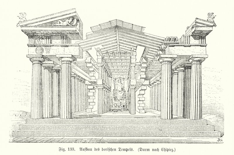 Construção de um templo dórico grego antigo (gravura) de German School