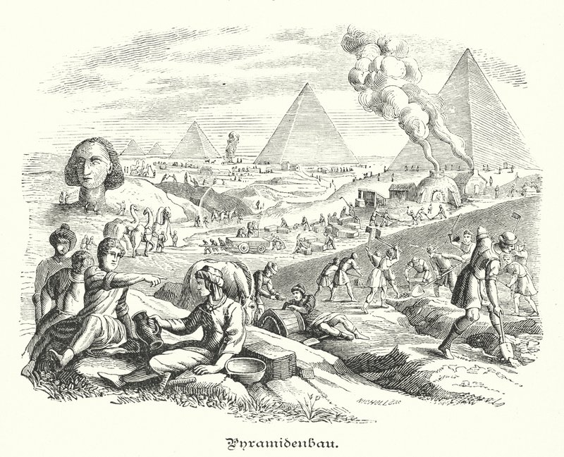 Construção das Pirâmides, Egipto antigo (gravura) de German School