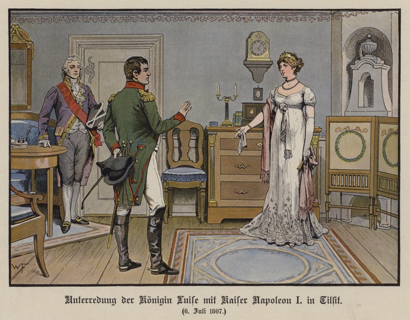 Conversa entre a Rainha Santa Luísa da Prússia e o Imperador Napoleão I em Tilsit, 6 de julho de 1807 (cor litho) de German School
