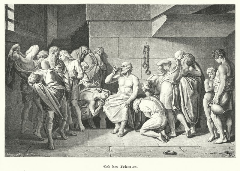 Morte do filósofo grego antigo Sócrates, 399 AC (gravura) de German School