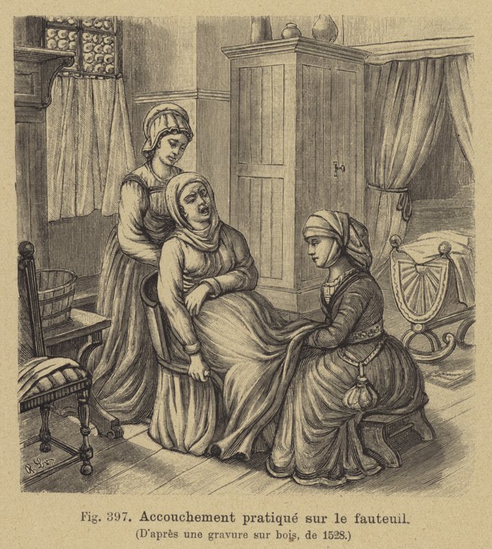 Entregando um bebê com a mãe sentada em uma cadeira de parto, do século 16 de German School