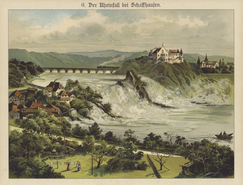 As cataratas do Reno perto de Schaffhausen (cor litho) de German School