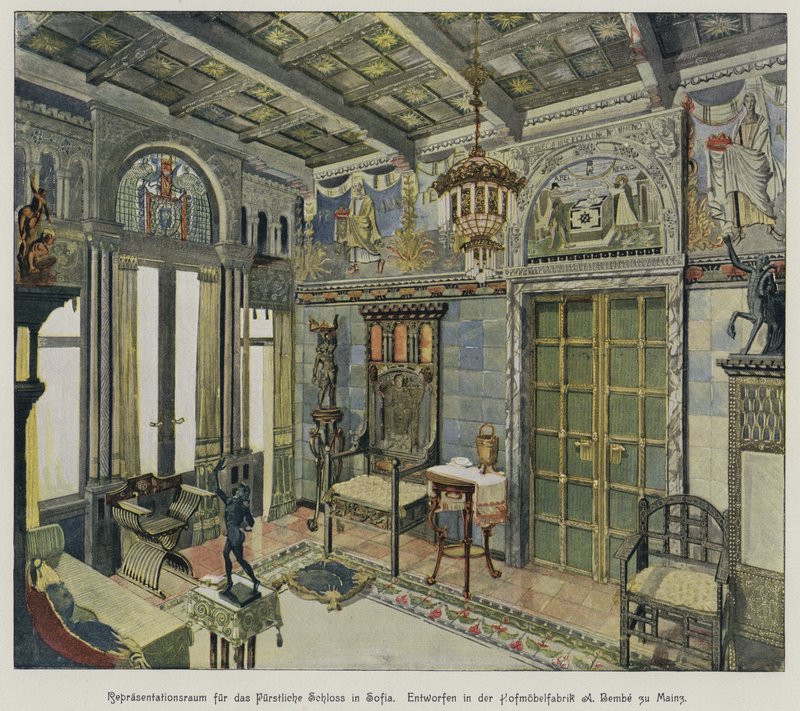 Design para um quarto no Palácio Real em Sófia, Bulgária, produzido pela fábrica de móveis A Bembe em Mainz, Alemanha (gravura a cores) de German School