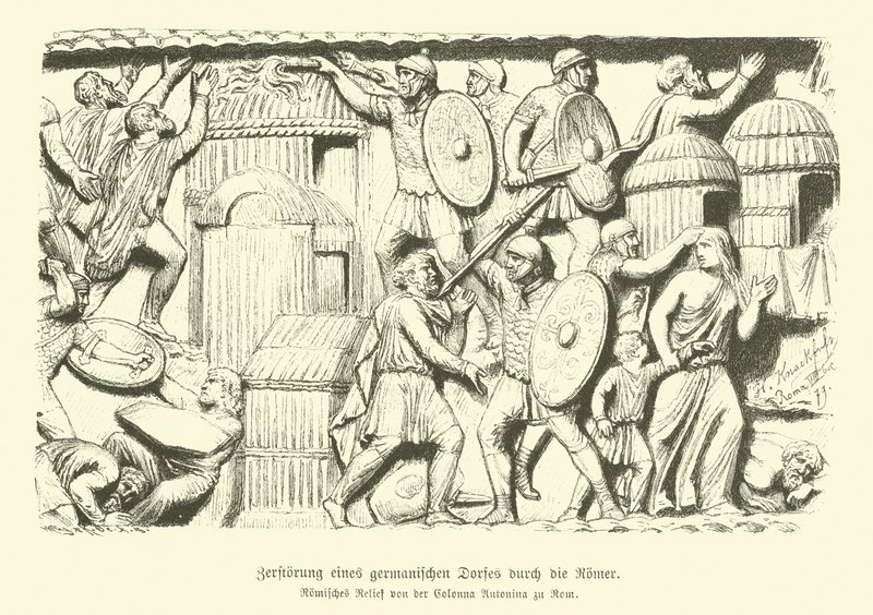 Destruição de uma aldeia germânica por soldados romanos (gravura) de German School