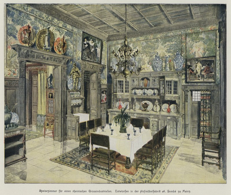 Sala de jantar de um rico industrial renano, produzida pela fábrica de móveis A Bembe, em Mainz, Alemanha (gravura colorida) de German School