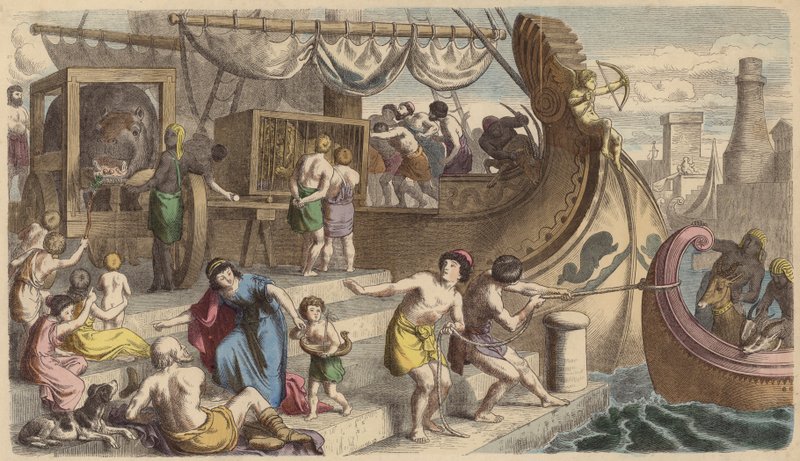 Desembarque de animais para serem utilizados nos jogos romanos (gravura colorida) de German School