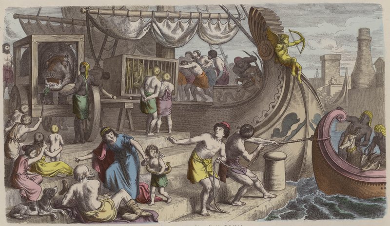 Desembarque de animais para serem utilizados nos jogos romanos (gravura colorida) de German School