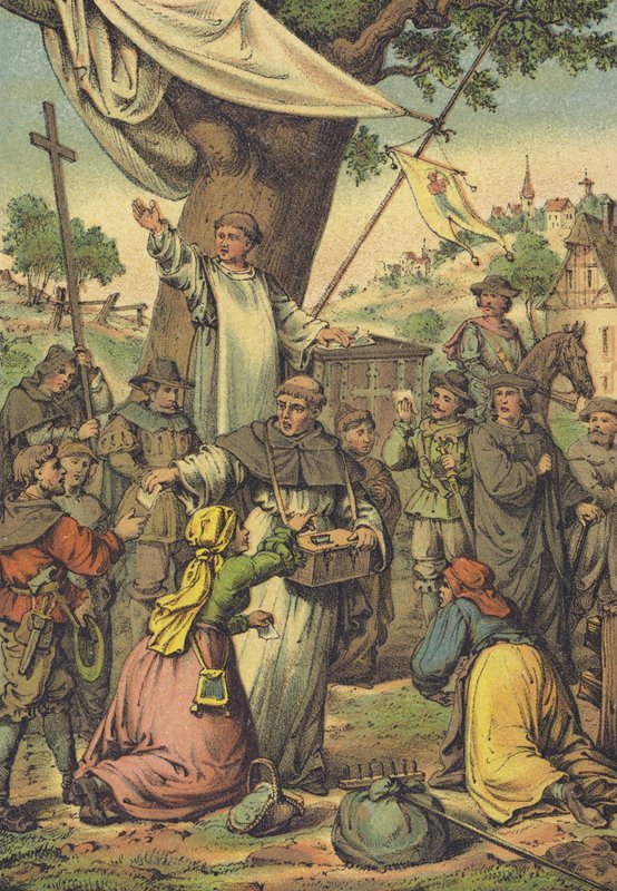 Frei dominicano Johann Tetzel distribuindo indulgências por dinheiro de German School