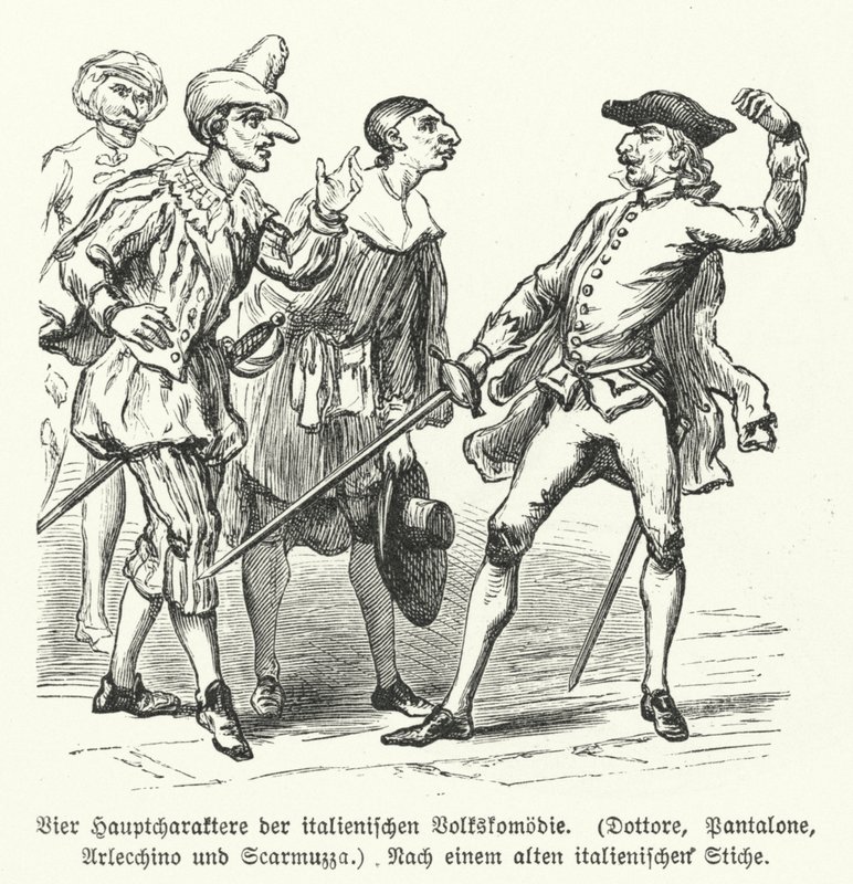 Dottore, Pantalone, Arlecchino e Scaramuccia, quatro personagens da Commedia dell