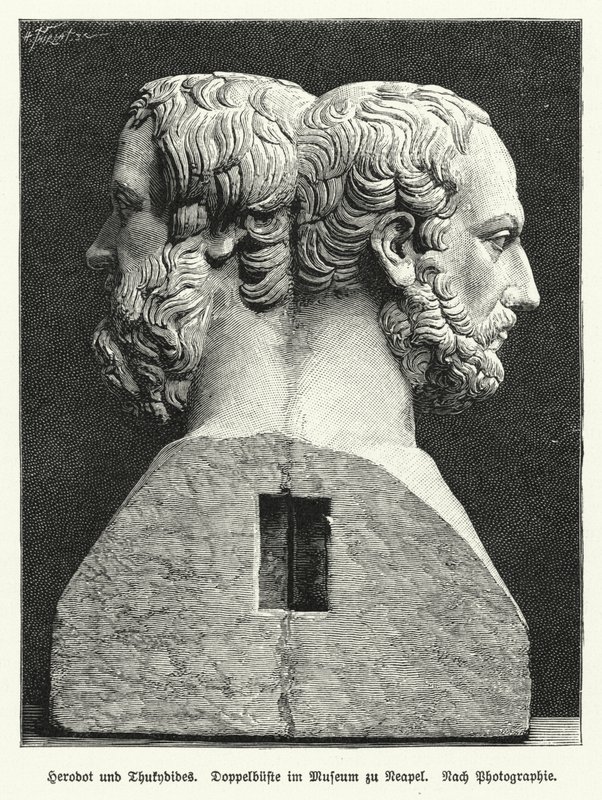 Busto duplo de Heródoto e Tucídides, historiadores da Grécia Antiga (litho) de German School